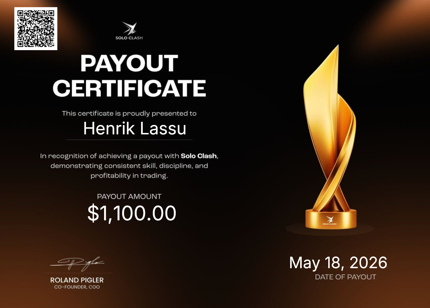 Payout certificate – Fiók 3 – $1,100